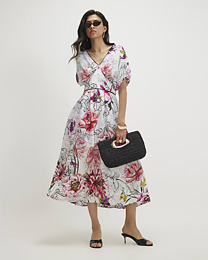 Pink Floral Printed Puff Sleeve Midi Dress