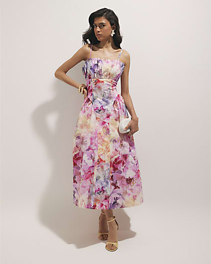 Pink Floral Print Midi Dress