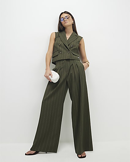 Green pinstripe wide leg trousers