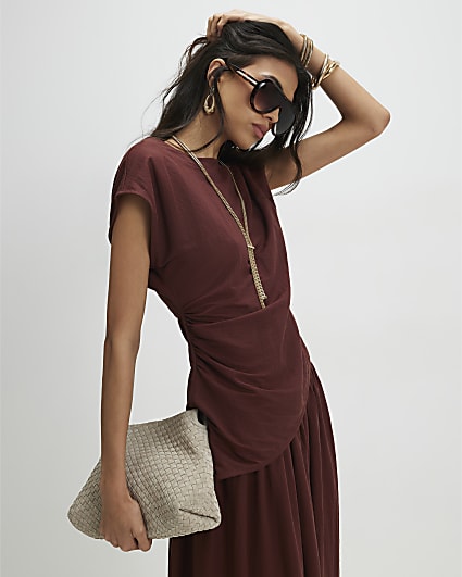 Brown Short Sleeve Asymmetric Hem Top