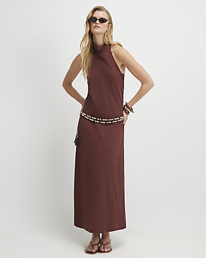 Brown Sleeveless Halter Neck Midi Dress