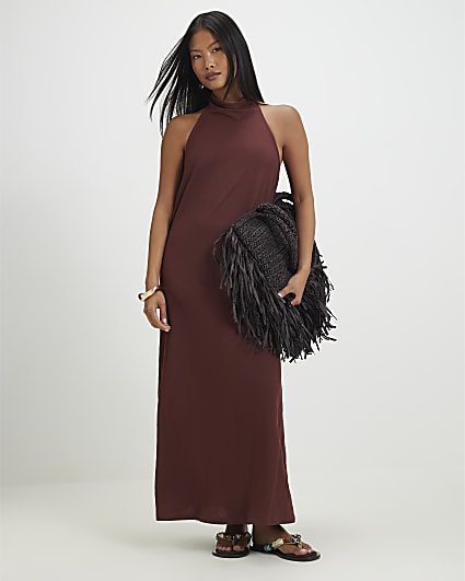 Petite Brown Mesh Floral Bandeau Midi Dress | River Island