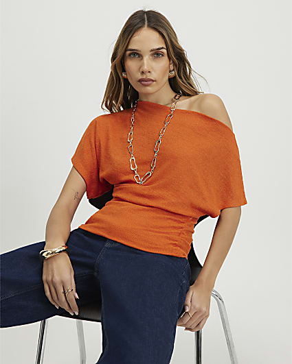 Orange Banded Hem Drape Top