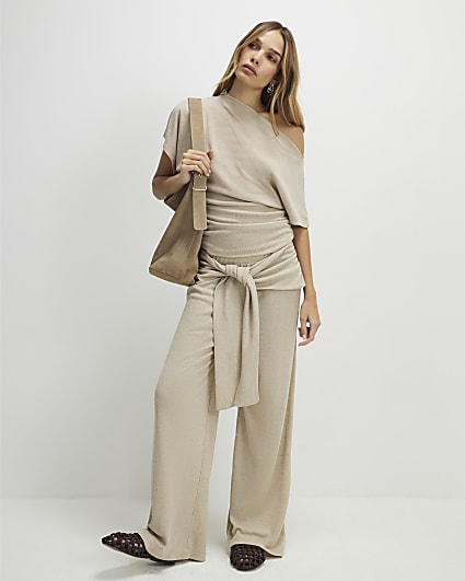 Beige Tie Waist Trousers