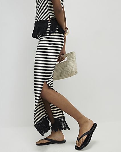 Cream Fringed Hem Stripe Midi Skirt