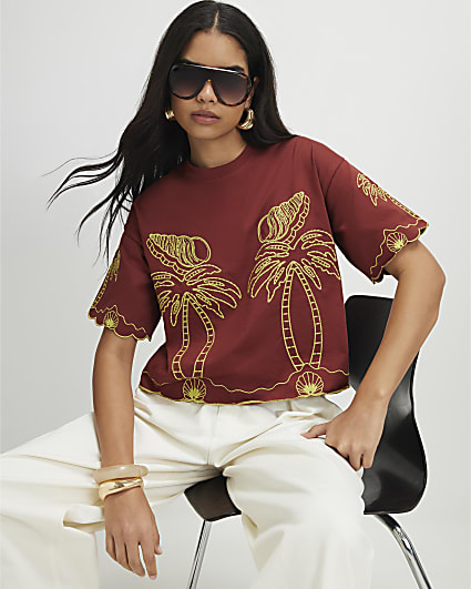 Red Cotton Shell Embroidered Crop T-shirt