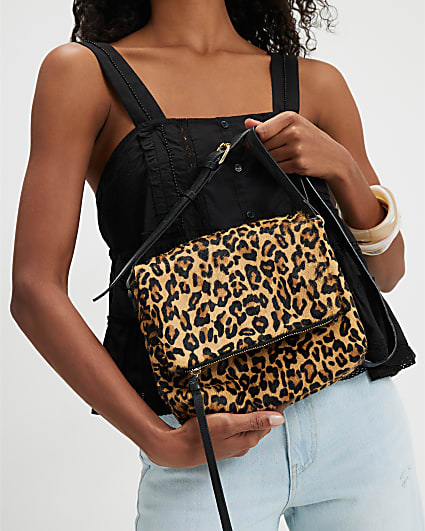 Brown Leather Leopard Print Cross Body Bag