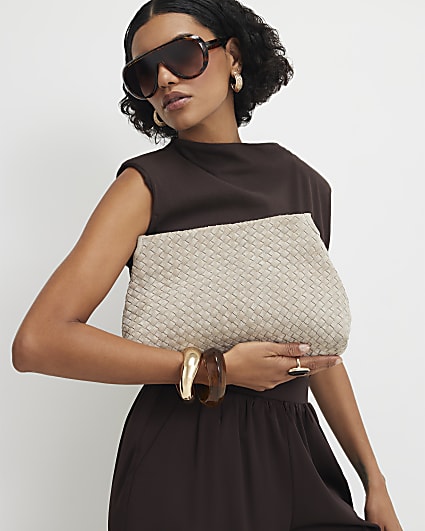 Grey Suede Squared Weave Clutch Bag