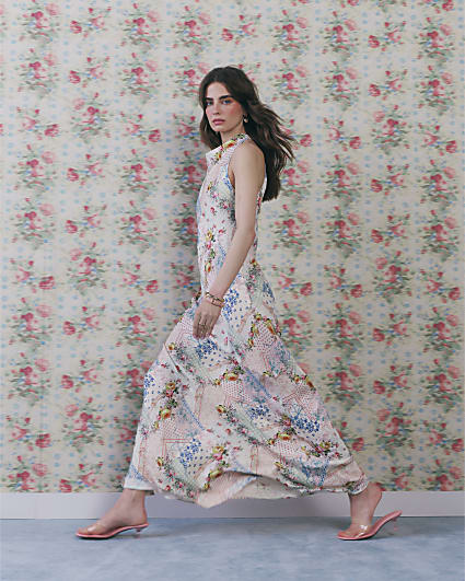 Cream Halter Neck Slip Floral Dress