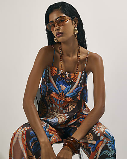 Brown Palm Print Tiered Cami Top