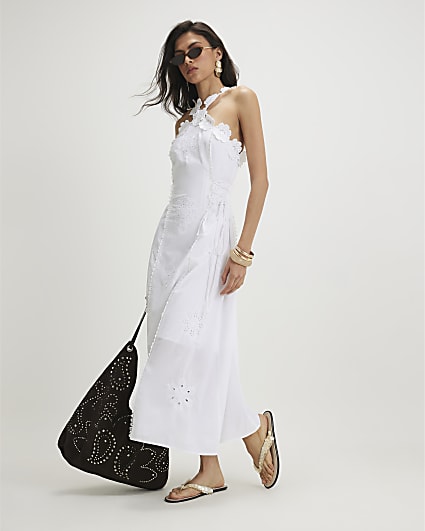 White Cotton Crochet Motif Midi Dress
