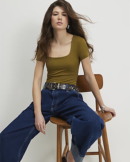 Green Short Sleeve Scoop Neck Bodysuit