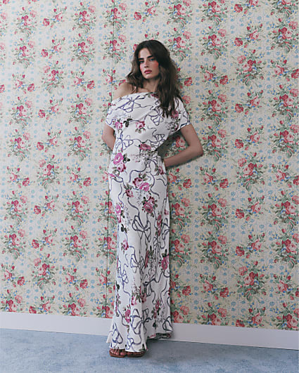 Cream Floral Asymmetric Neck Maxi Slip Dress