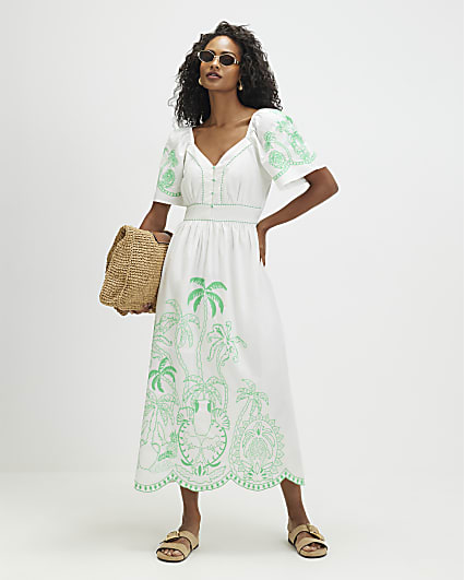 White Cotton Palm Embroidered Maxi Dress