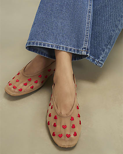 Beige Heart Mesh Ballet Flats