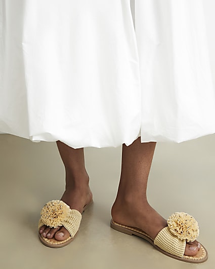 Beige Diamante Pompom Flat Sandals
