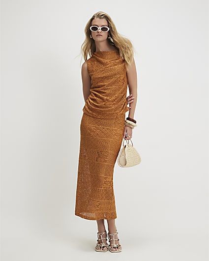 Orange Lace Midi Skirt