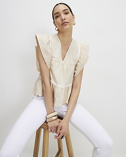 Beige Embroidered V Neck Blouse