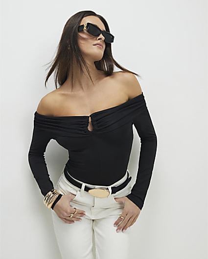 Black Fold Over Long Sleeve Bardot Top