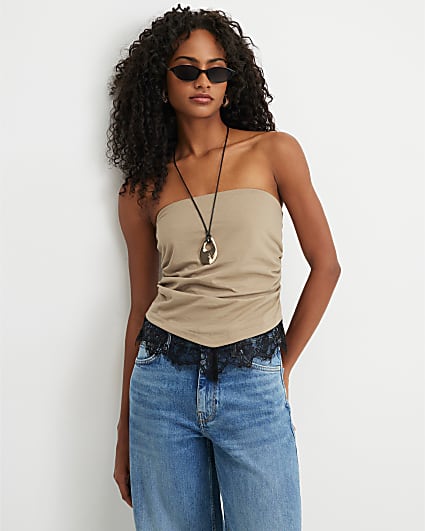 Khaki Cotton Lace Trim Bandeau Top