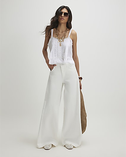 White Pleat Wide Leg Jeans