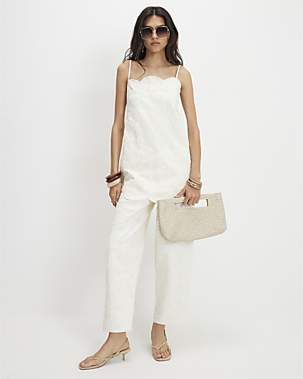 White Floral Embroidered Barrel Leg Jeans