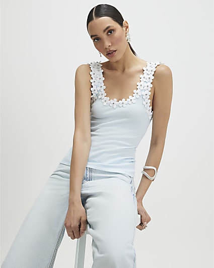 Black Cotton Blend Floral Trim Tank Top | River Island