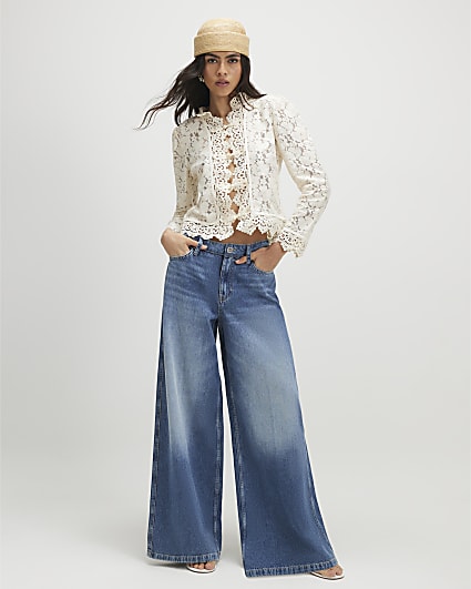 Blue Elasticated Back Wide Leg Jeans