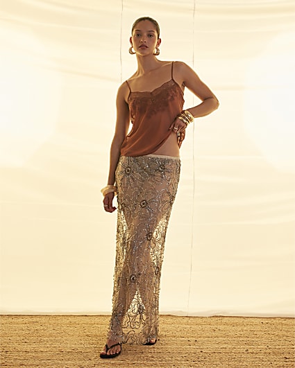 Brown Beaded Strap Cami Top | River Island