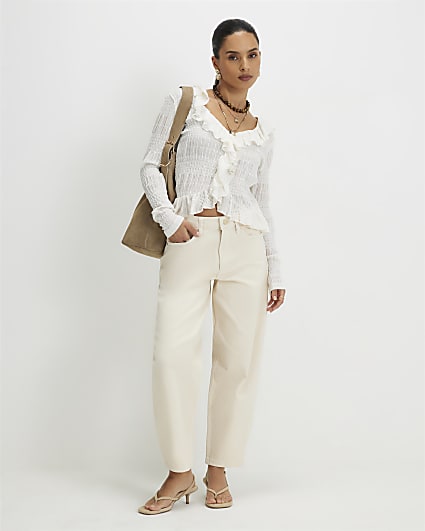 Petite Cream Barrel Leg Jeans