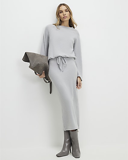 Grey Cosy Ribbed Midi Skirt