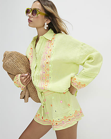 Green Cotton Mirror Embroidered Shirt