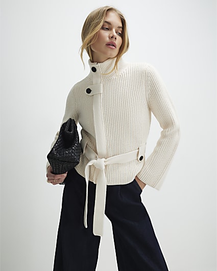 Cream Knitted Tie Waist Ribbed Cardigan