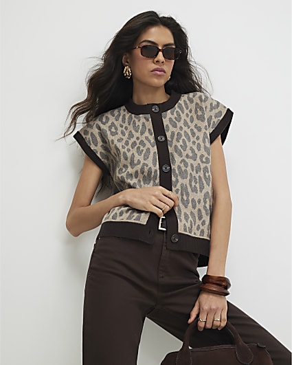 Beige Knitted Leopard Button Through Vest Top