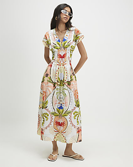 Blue Print Pleated Poplin Midi Dress