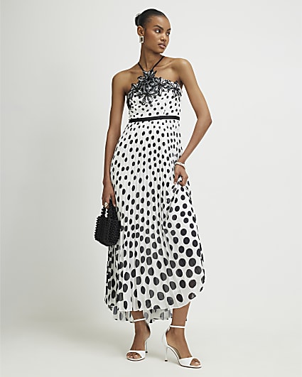 White Polka Dot Applique Flower Maxi Dress
