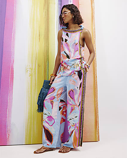 Blue Printed Drawstring Wide Leg Trousers