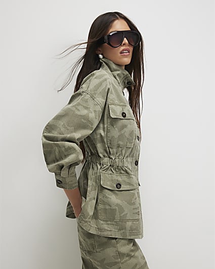 Khaki Camo Print Funnel Neck Denim Jacket