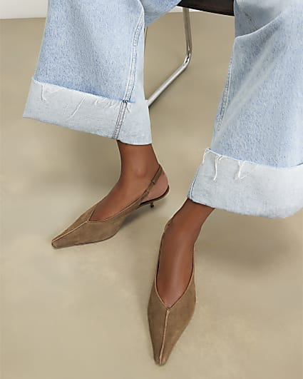 Brown Suede Slingback Kitten Heels