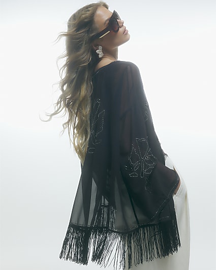Brown Beaded Tassel Side Tie Kimono