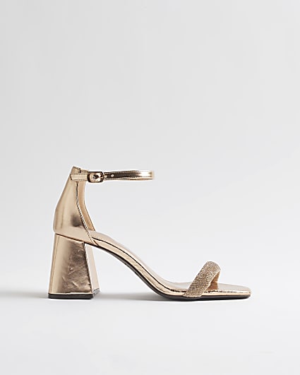 Rose Gold Diamante Strap Block Heel Sandals