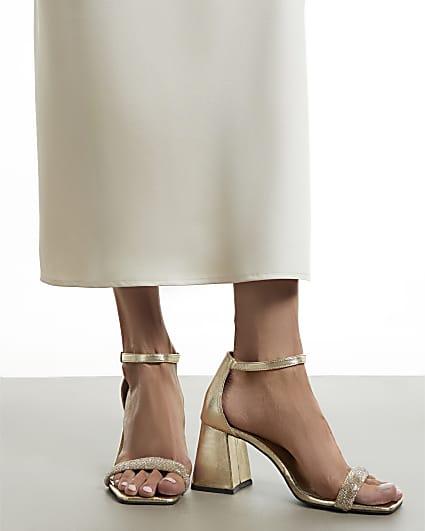 Gold Diamante Strap Closed Back Block Heels