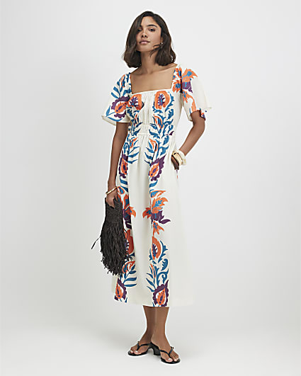 White Cotton Two Tone Floral Midi Dress