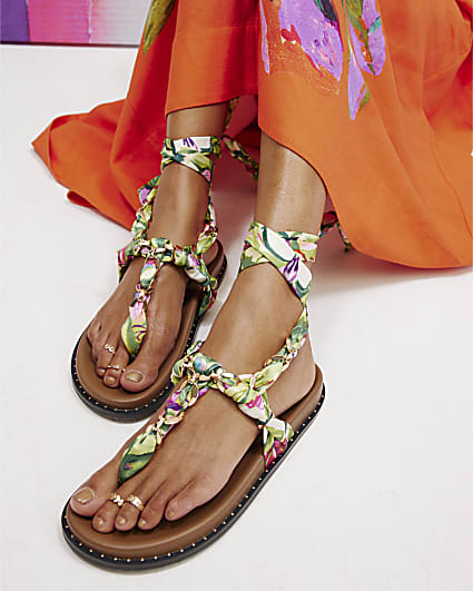Green Chain Detail Scarf Tie Footbed Sandals
