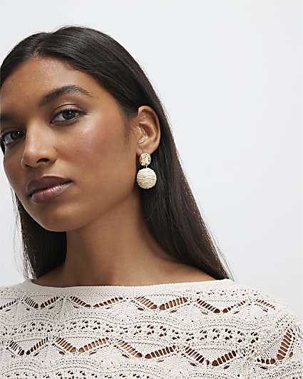 Beige Raffia Bead Ball Stud Earrings