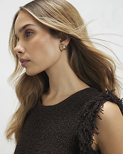 Gold Swirl Button Stud Earrings