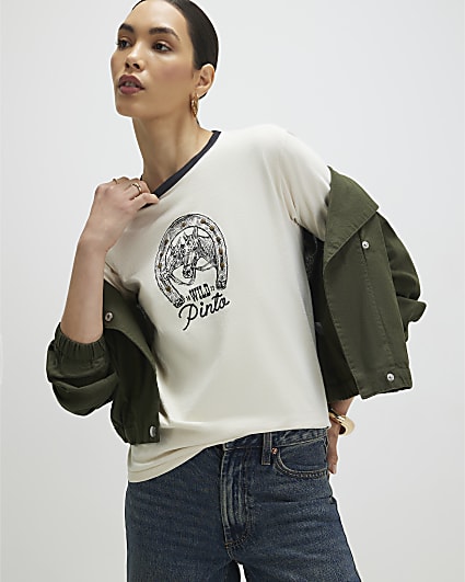 White Short Sleeve Tipped Horseshoe T-shirt