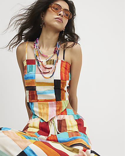 Orange Linen Blend Check Print Scarf Top