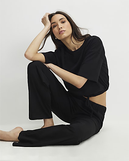 Black Bubble Hem Jersey Loungewear Set
