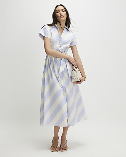 Blue Striped Midi Shirt Dress